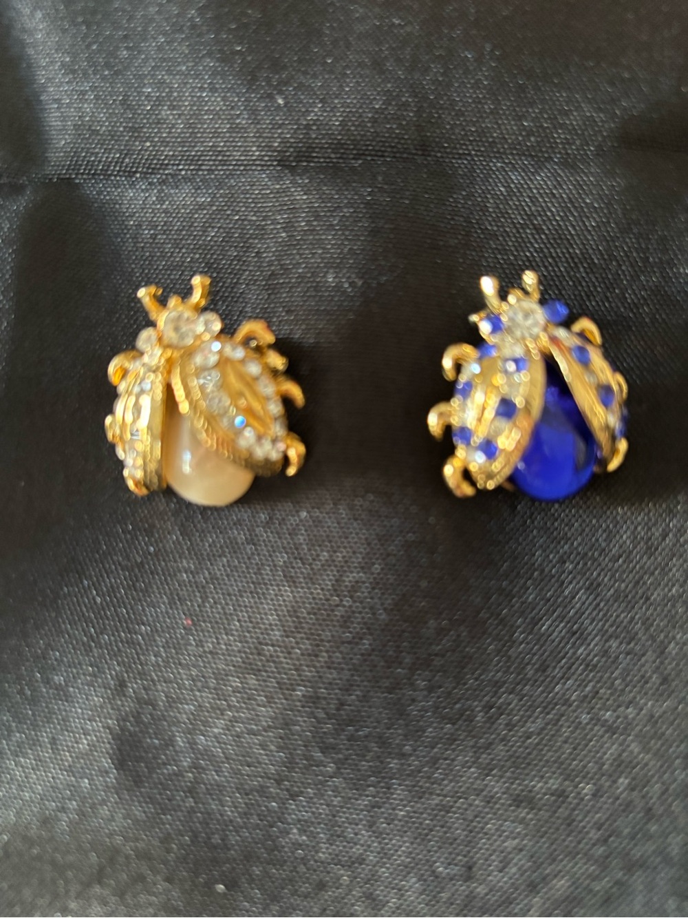 Gold Beetle Brooch with Blue and Cream Cabochons - Women Jewelry.